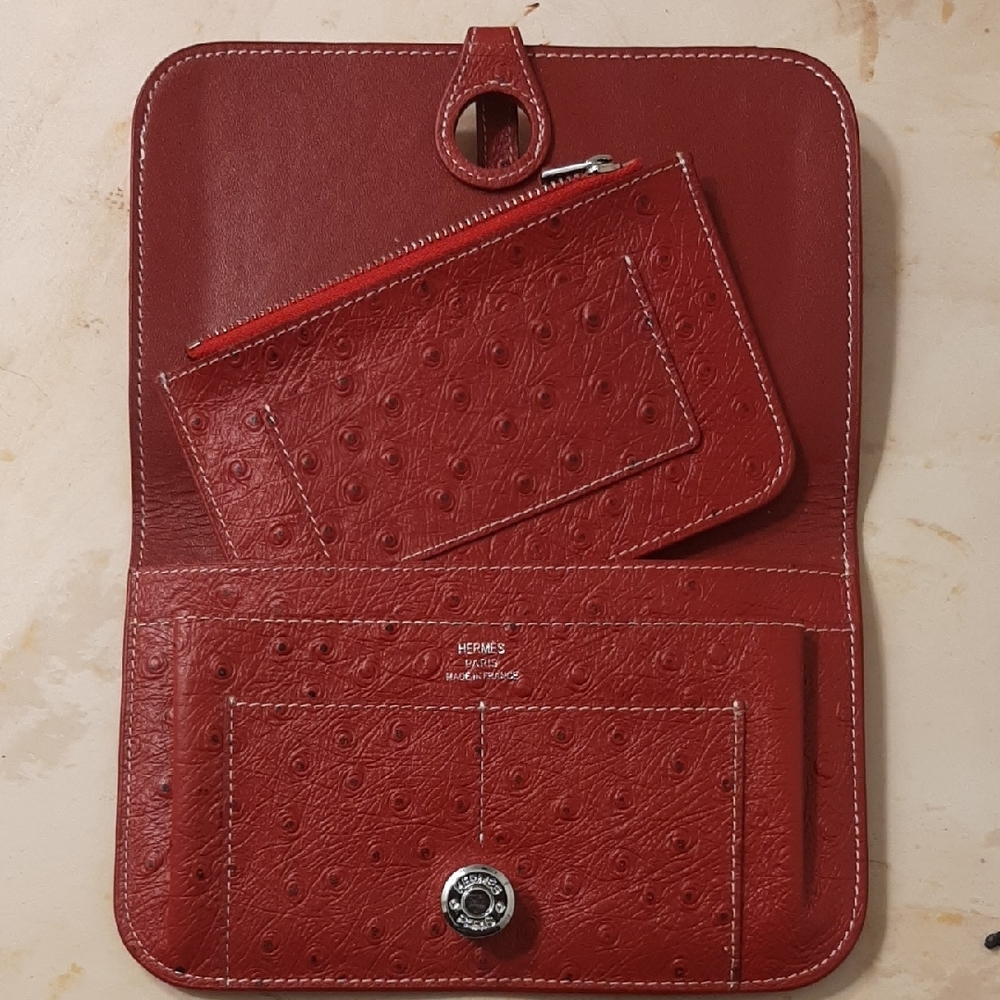 Hermès Ostrich Red Leather Wallet Set